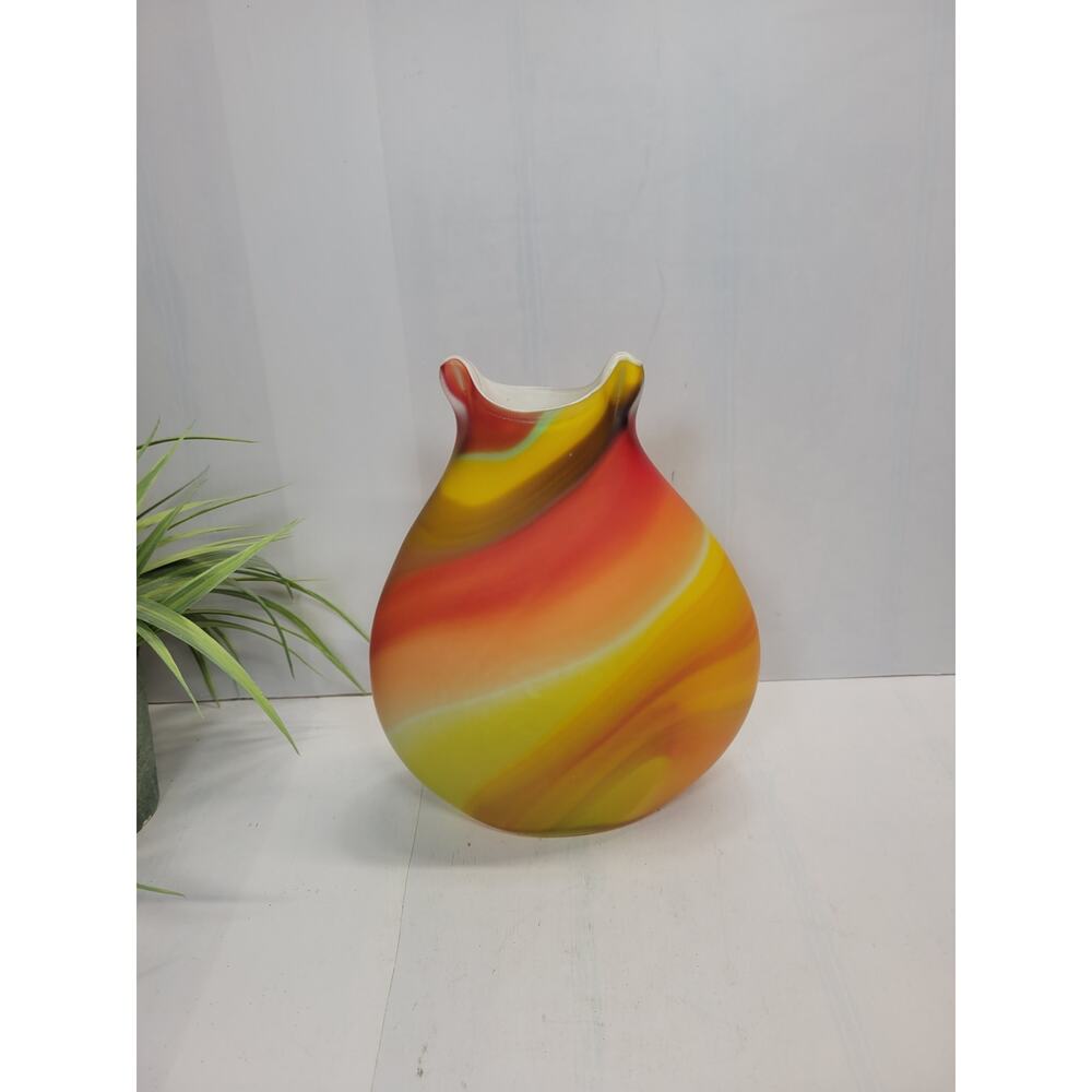 Vintage Azerbaijan Art Glass Vase, Yellow Red Orange Satin Swirl, Baijan glass
